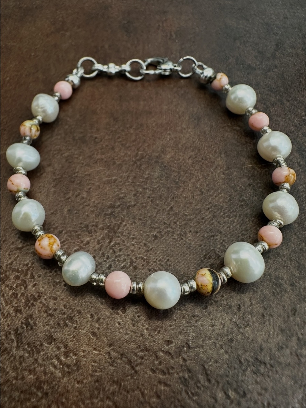 Handmade Pearl and Pink Gold Silk Howlite Bead Bracelet - Women's Jewelry